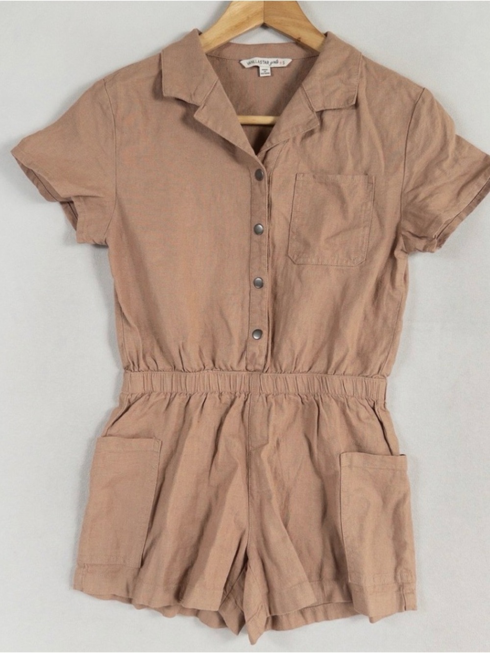 Vanilla Star Short Sleeve Utility Romper in Tan